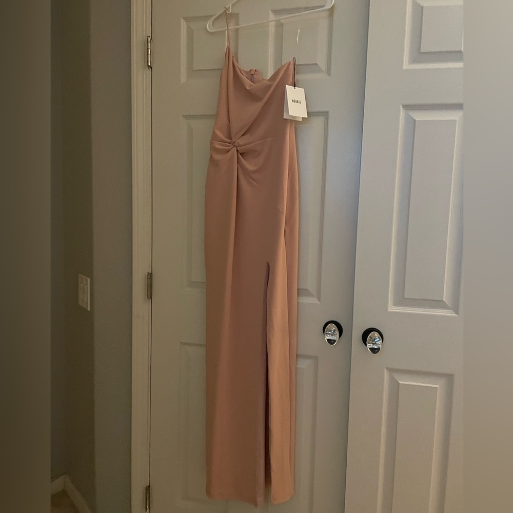 Lush one shoulder gown in blush.